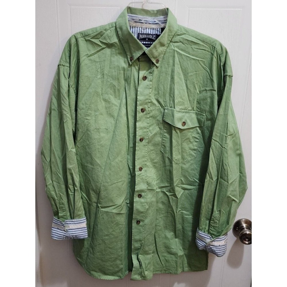 Panhandle Slim Green Western Cowboy Long Sleeve Button Down Shirt Size‎ L Cotton